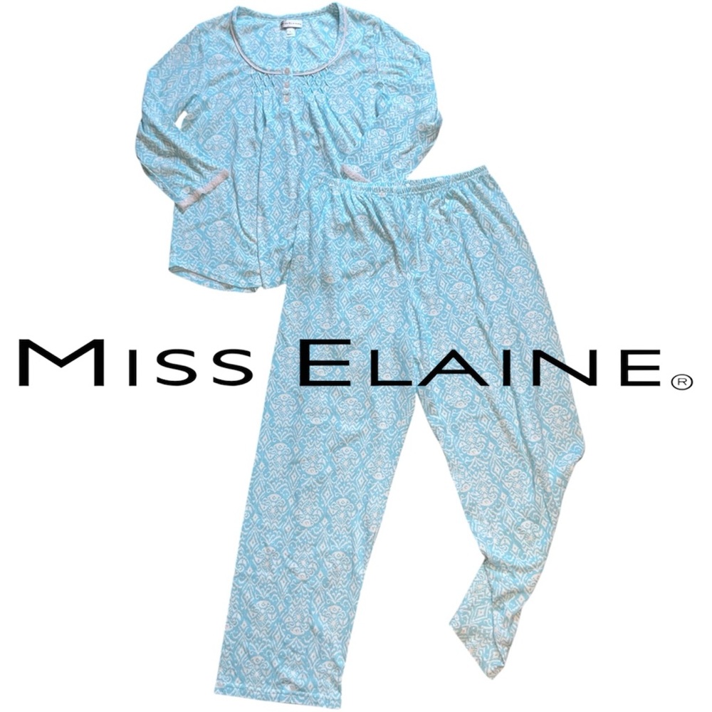 Miss Elaine Matching Comfy Aqua Blue & White Pajama Set Size Medium PJ's